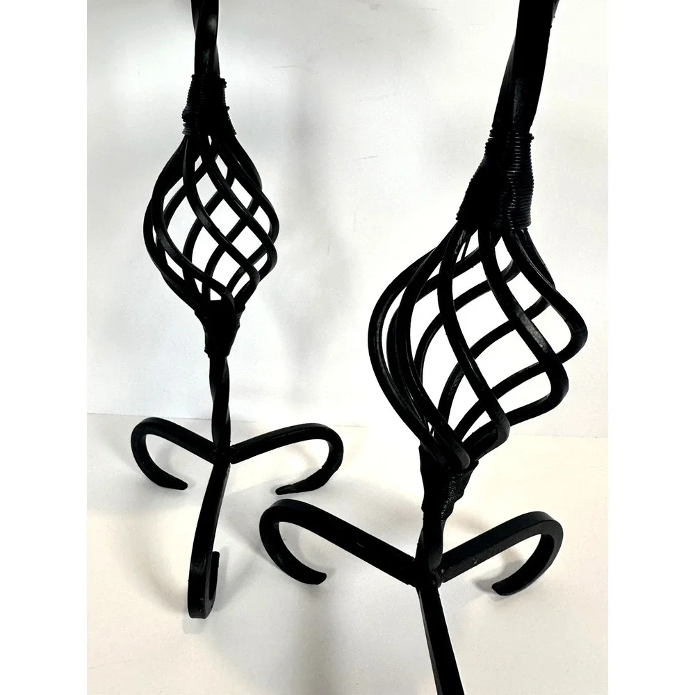 Wrought Iron Candle Holder Set 2 Pedestal Stands Twisted Metal Black